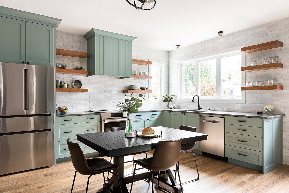 Kitchen with light green cabinets white walls and sleek wooden floating shelves 18957 - Palettes de couleurs de cuisine accrocheuses et chics pour la cuisine moderne